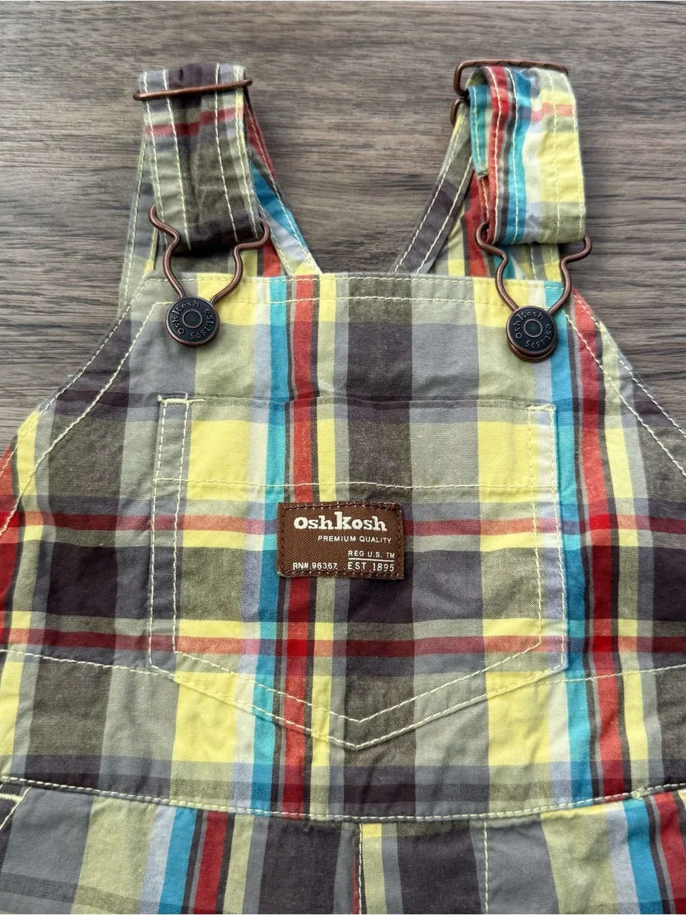 OshKosh Retro Baby Plaid Shortalls Overalls Yellow Grey Turquoise Size 9 Months